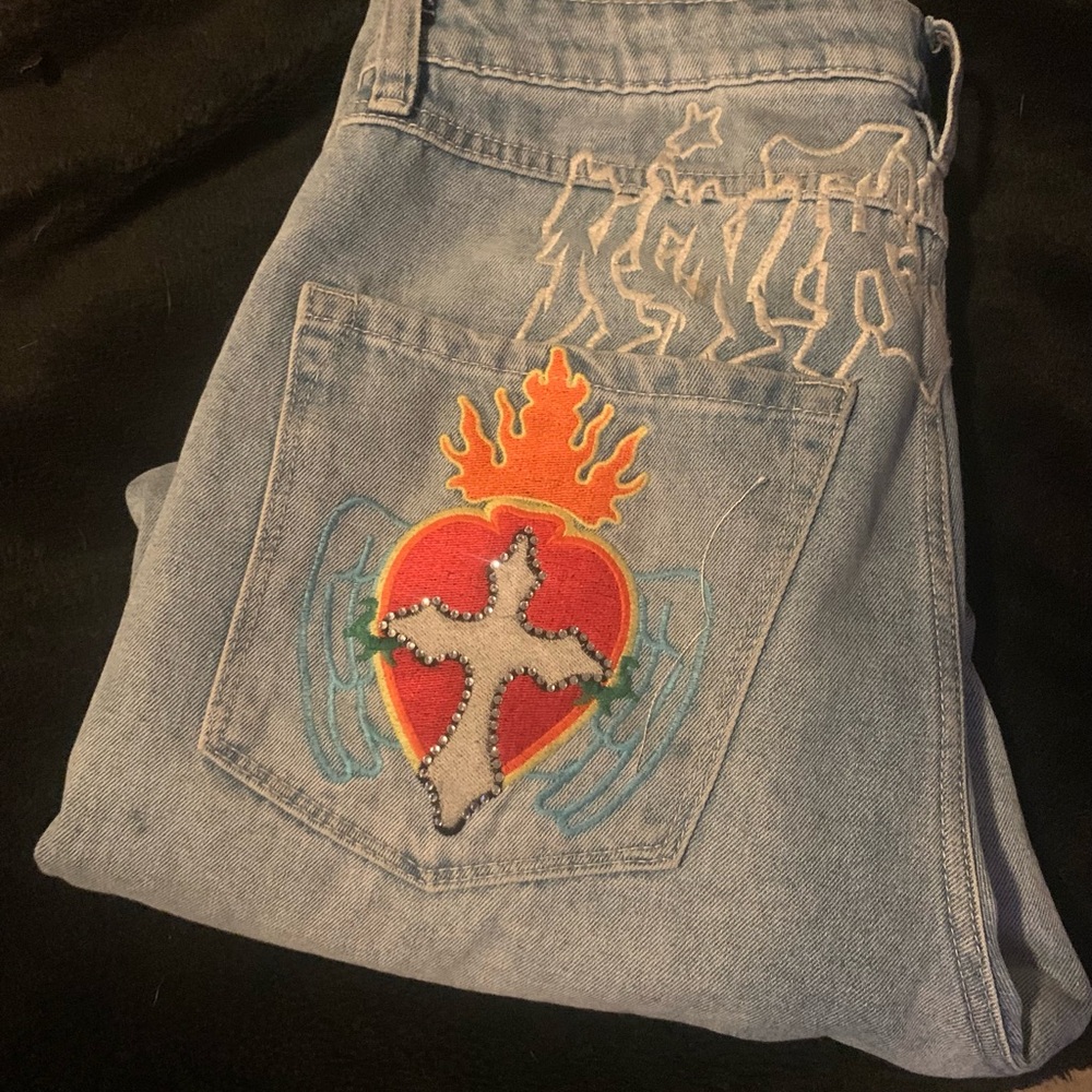 Zumiez Light Blue Relaxed Jeans with Embroidered Design